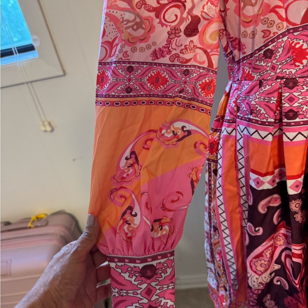 Pink and Orange Long Sleeve V-Neck Sundress - Picture 2 of 7